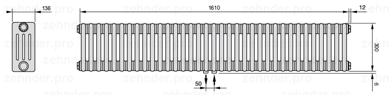 Схема (чертеж) Радиатор Zehnder Charleston 4030/35 №5410 Белый глянцевый RAL 9016